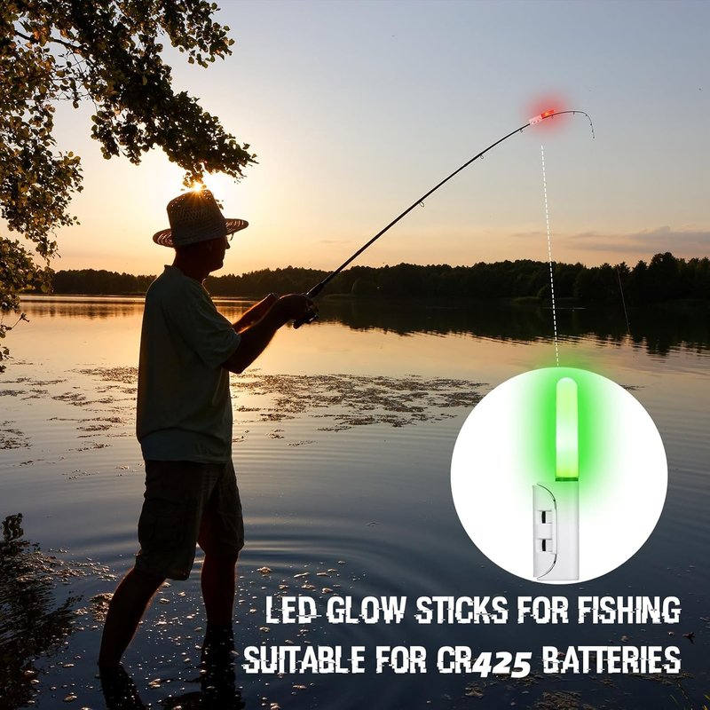 Glooglitter Fishing Glow Sticks - 6 LED Night Fish Alert Lights with 8 Rechargeable Batteries & Charger