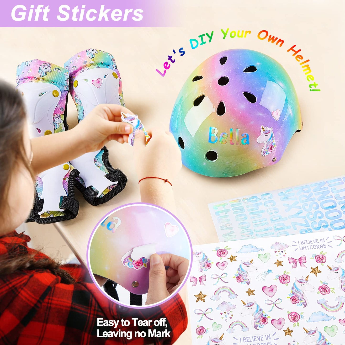 Unicorn Catcher Kids Helmet and Knee Pads Set, Adjustable for Girls Ages 3-8