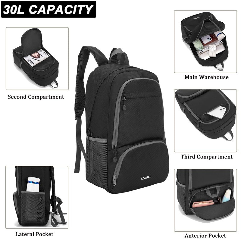 YZAOLL 30L Hiking Backpack Lightweight Day Packs, Packable Backpack for Women Men Travel Camping Vacation,Black
