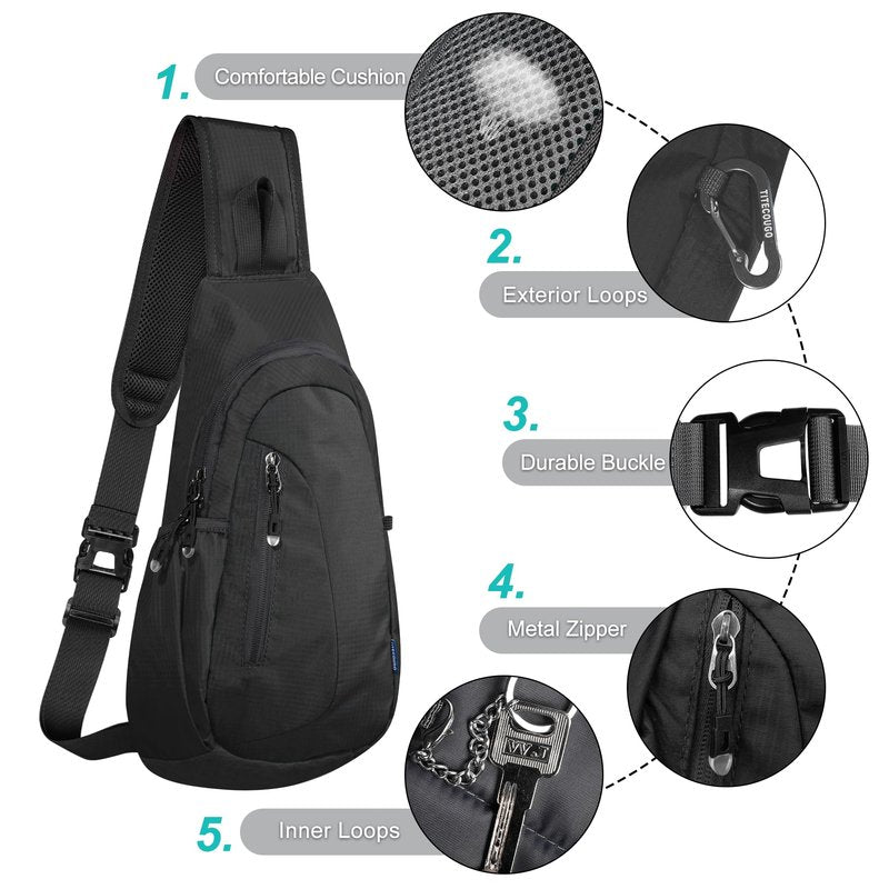 TITECOUGO Small Sling Bag Lightweight Crossbody Bag for Women Men Hiking Backpack Travel Shoulder Bag Chest Daypack for Gym Work Outdoor Sports Black Black