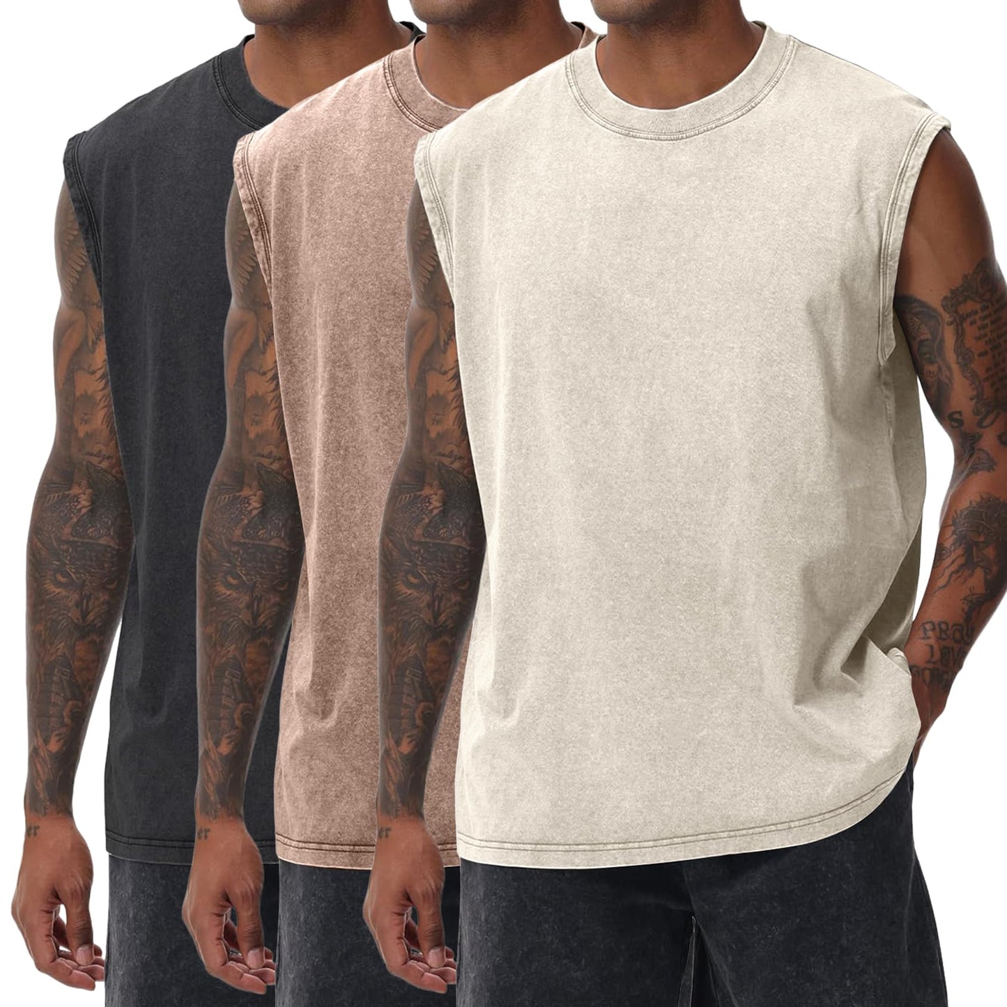 Yimoon Mens Tank Tops Workout Sleeveless Shirts Cotton Acid Wash Tees Loose Gym Muscle Shirts(BlackKhakiBeige-L)