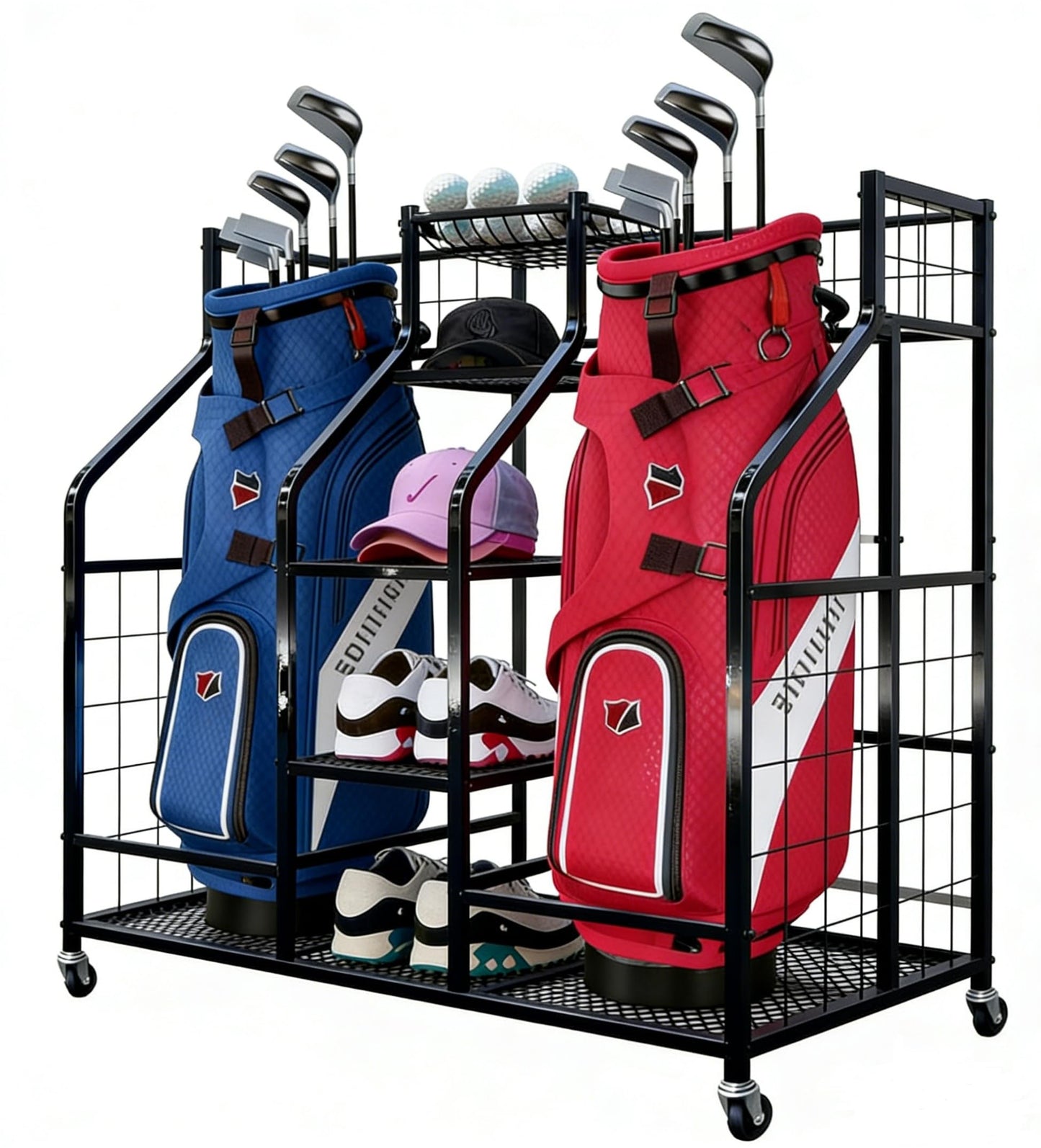 Golf Bag Storage Organizer Stand with Wheels - Heavy Duty Steel Rack Holds 2 Golf Bags with Central Storage Shelf for Golf Balls, Shoes & Accessories, Space Saving Garage Golf Club Equipment Holder