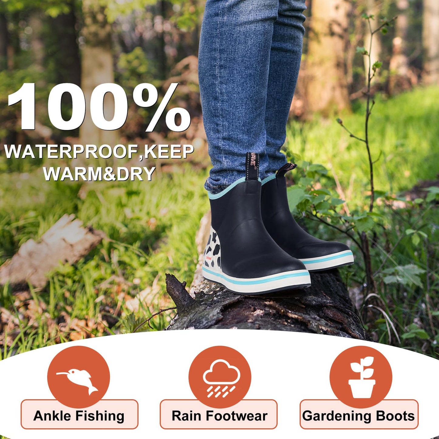 Showave Women's Deck Boots Waterproof Ankle Rain Boots for Gardening, 7