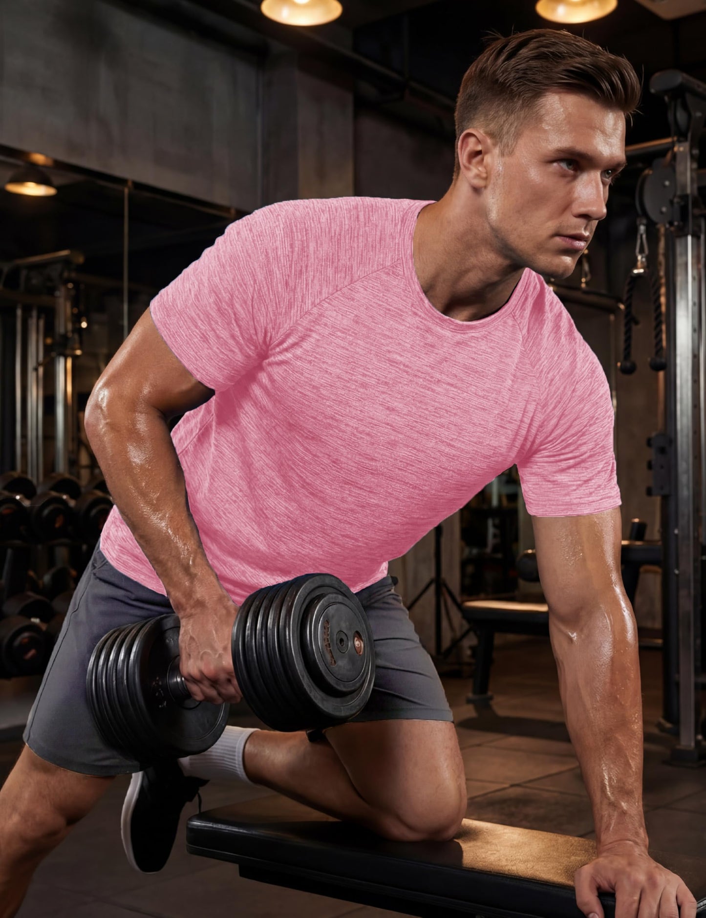 MAGCOMSEN Short Sleeve Shirt for Men Moisture Wicking Shirts Cooling Lightweight T-Shirt Athletic Gym Tee Summer Pink-L