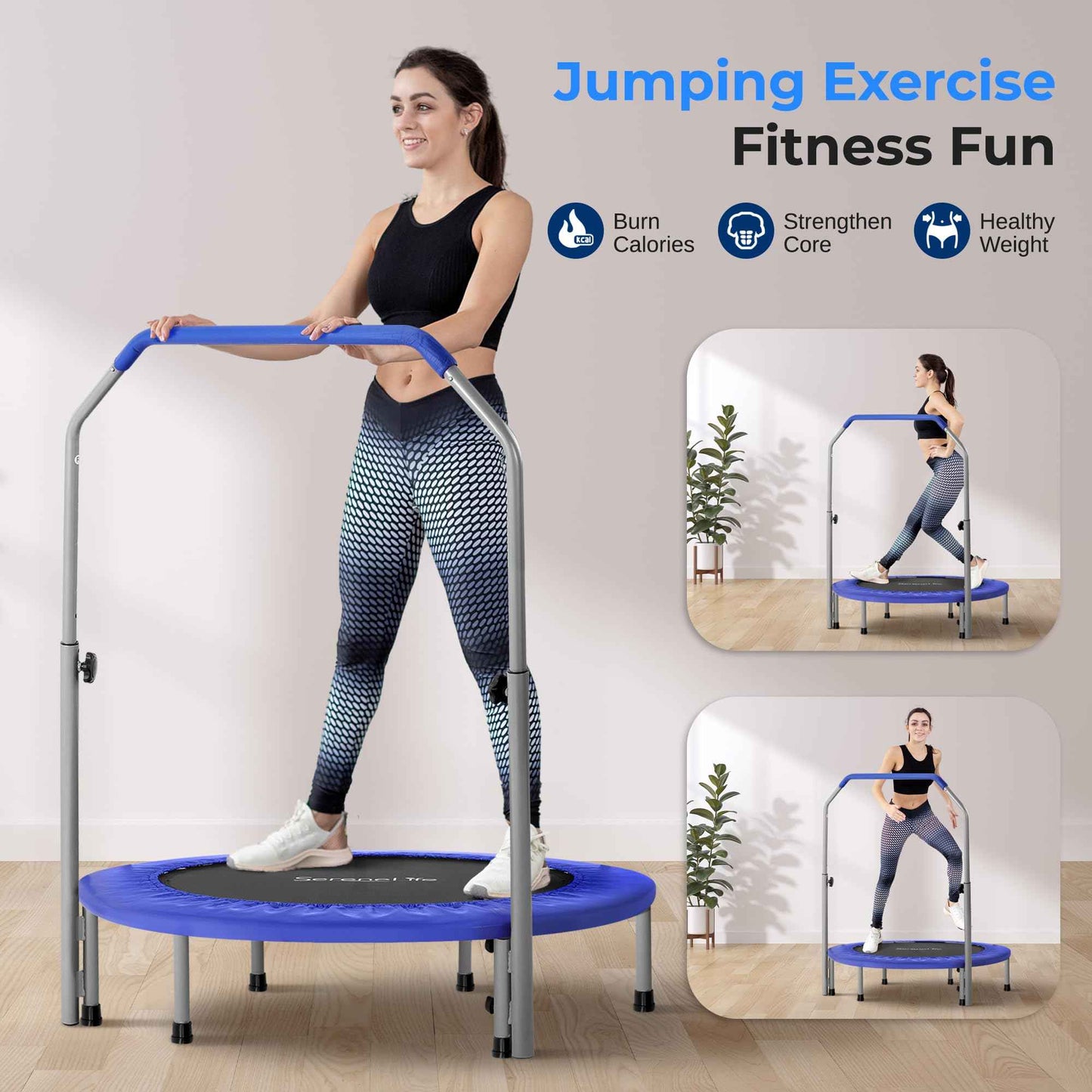 SereneLife 40" Foldable Mini Trampoline - Compact Fitness Trampoline for Kids Adults, Exercise Rebounder with Adjustable Foam Handle, Indoor/Garden Workout Equipment, Max Load 220 lbs, Deep Blue