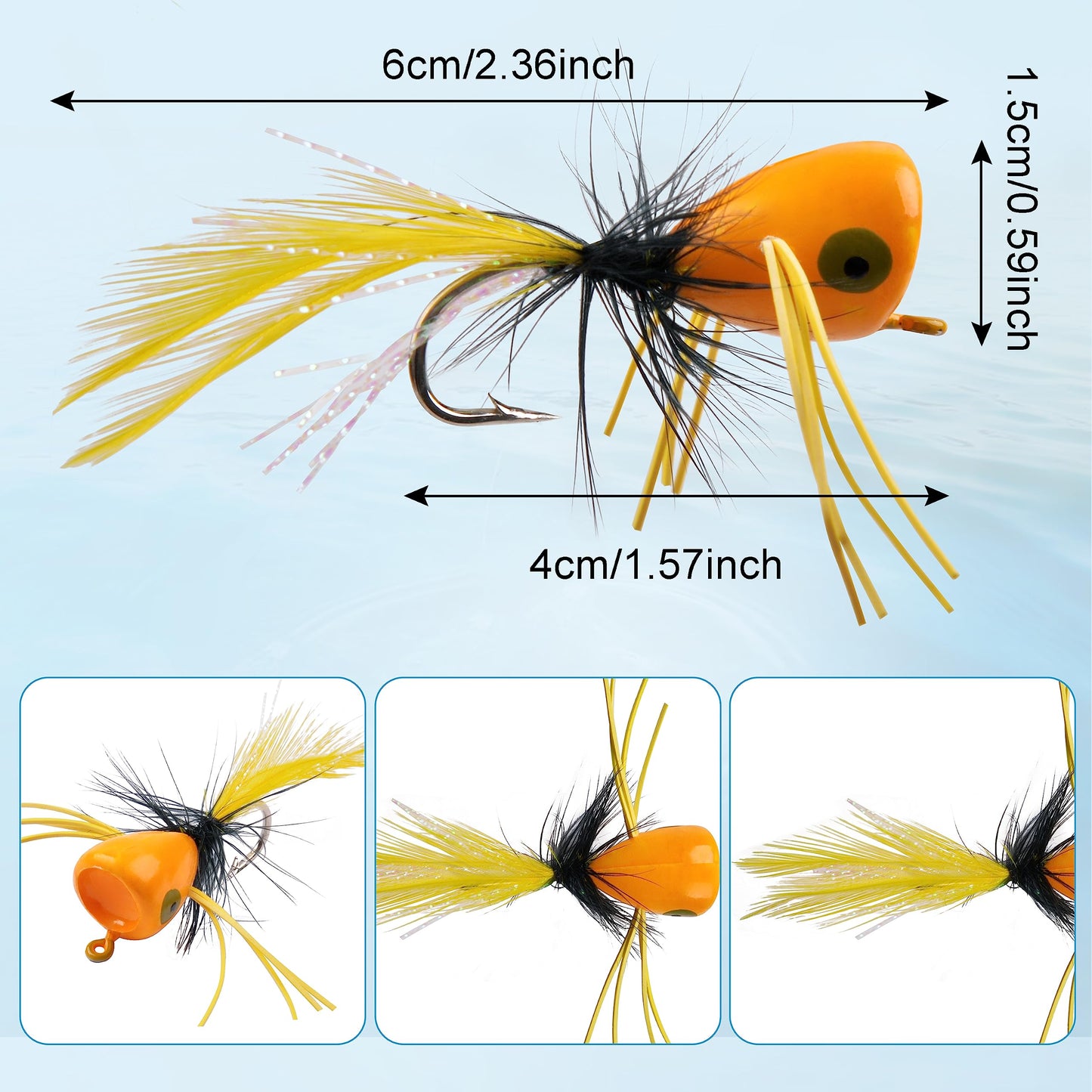 Fly Fishing Popper Flies Kit,15pcs Bass Poppers Lures Dry Flies Fly Fishing Popper Lures Panfish Bluegill Poppers Fly Lure Baits with Hooks for Freshwater Saltwater