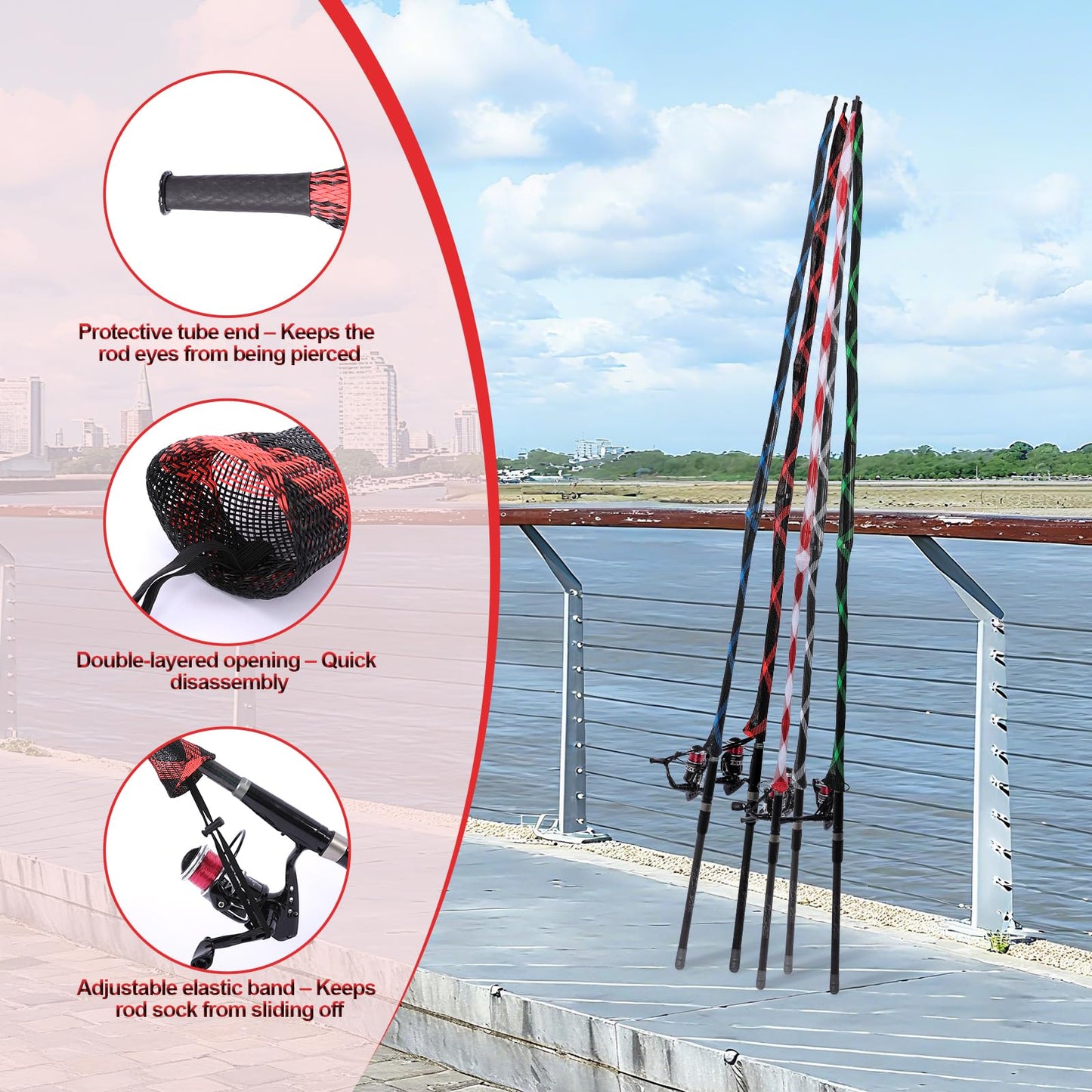 AZETIO 10 Pcs Fishing Rod Sleeves Rod Socks with Lanyard, Pole Sleeves