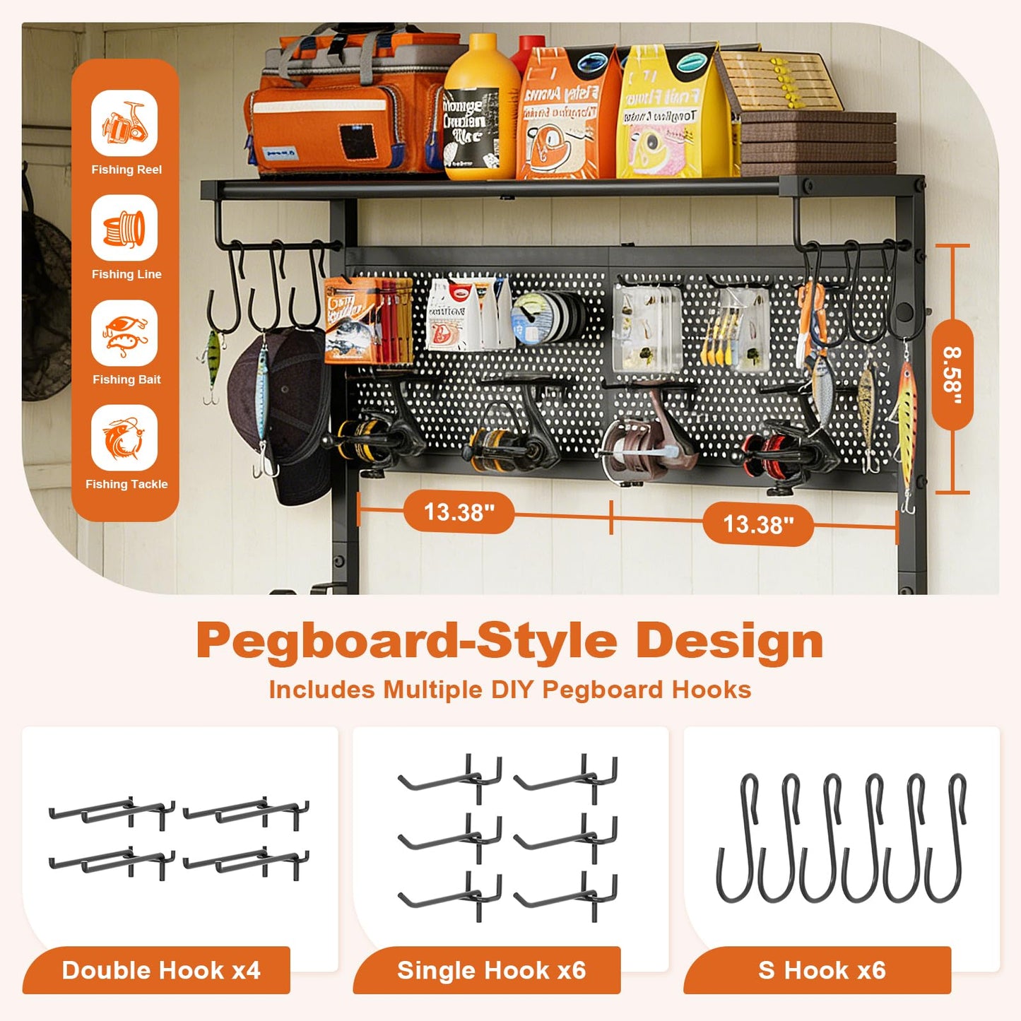 Olakee Wall Mount Fishing Rod Holders, Large Capacity Fishing Pole Holders for Garage Organizer, Horizontal Fishing Pole Rack Holds Up to 6 Rods with Pegboard & Hooks, Ideal Gift for Men Dad Anglers