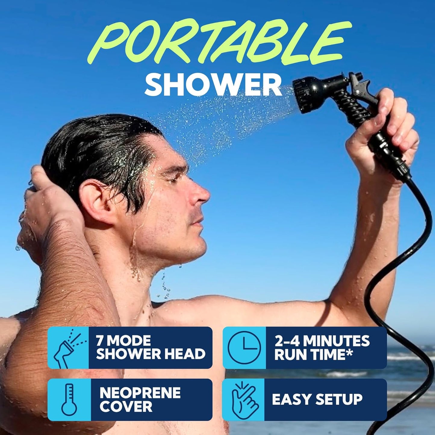 Portable Camping Shower - 7 Mode Shower Head with Neoprene Cover | High Pressure, Easy to Carry