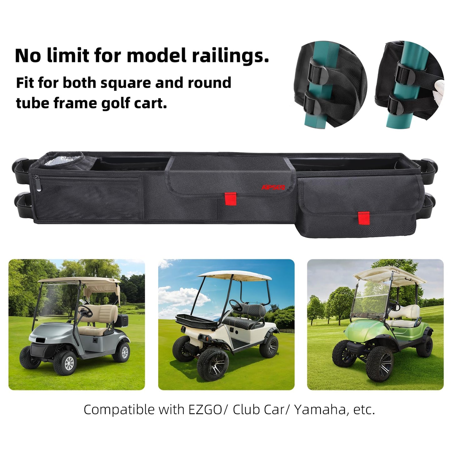 AIPSET Golf Cart Storage Basket No Drilling Front Inner Basket w/Insulated Cup Holder, Dash Tray Organizer Compatible with EZGO Club Car Yamaha, 1680D Waterproof Oxford, No Affect Windshield