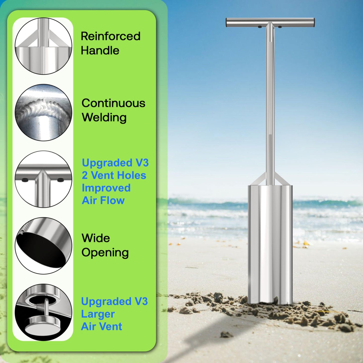 SturdyShape Premium Clam Gun for Clamming Stainless Steel with Vent V4 28 Inch and 5 Inch Tube Diameter HD for Recreational Clam Diggers & Harvesters