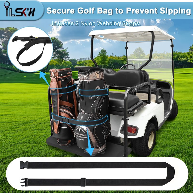 iLSKW Golf Cart Bag Holder Attachment for 2+2 Seater Rear Seat with 1 inch Sqaure Tube, No Drilling Golf Cart Bag Attachment for EZGO, Club Car, Yamaha Golf Carts, Black