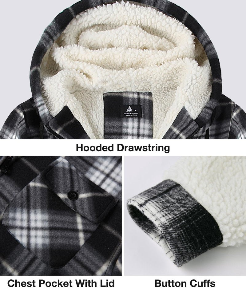 WENTTUO Winter Jacket for Men Fleece Plaid Hoodie Long Sleeve Winter Warm Coat