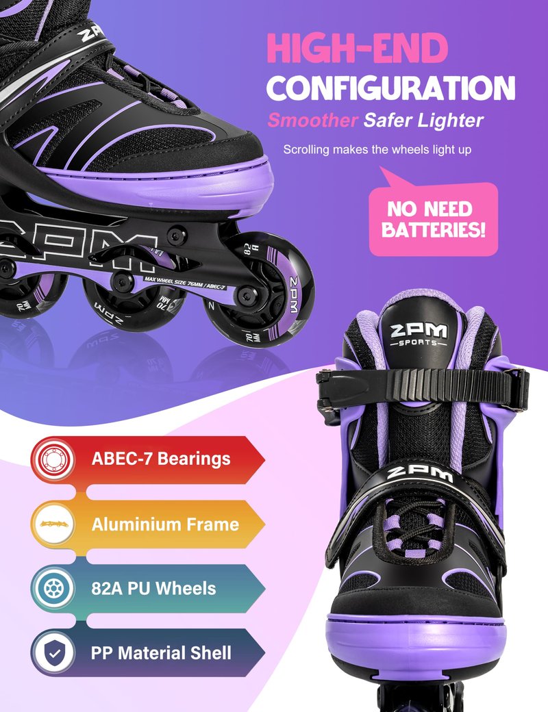 2PM SPORTS Kids Adjustable Inline Skates Ages 4-12, Youth Inlie Skates for Girls Boys 5-8 8-12 with Full Light Up Wheels, Beginner Women Men Adult Skates - Purple Large