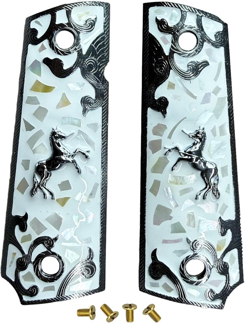 Full Size 1911 Grips - Pearl Resin with Metal Horse & Mexican Tricolor Flag Design | Durable and Stylish