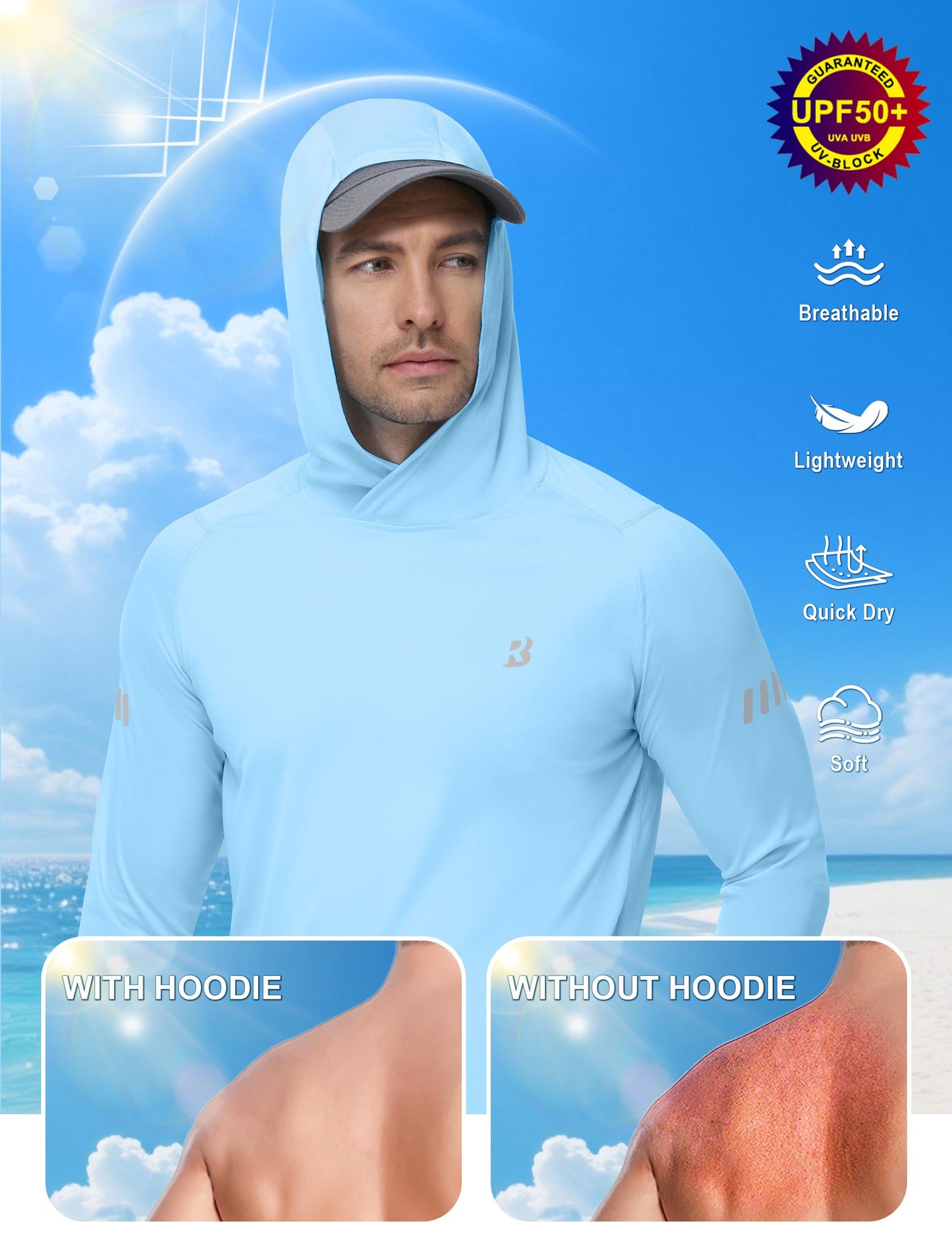 Roadbox Mens UPF 50+ Sun Protection Hoodie, UV Long Sleeve Fishing Shirts, Lightweight Swim Rash Guard for Outdoor Hiking Blue