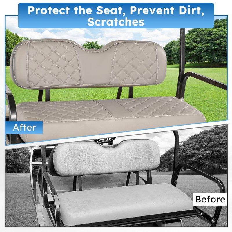 CHENGWEI Golf Cart Rear Seat Covers Fit Club Car Precedent DS EZGO TXT RXV Yamaha Aftermarket Standard Back Seat Cushion,Faux Leather Replacement Seat Cover Adjustable Buckle No Stapler Needed(Beige)
