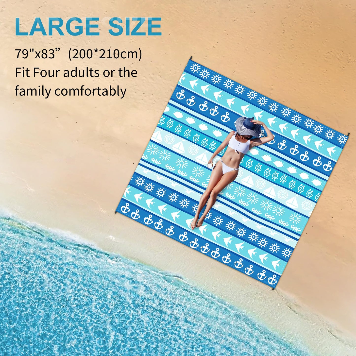 WTVIDAS Large Beach Blanket Waterproof Sandproof 79"x 83" for 1-4 Adults,Quick Drying Beach Mat,Lightweight & Durable,Beach Essentials for Family Beach Camping Travel Picnic (Blue Stripe)