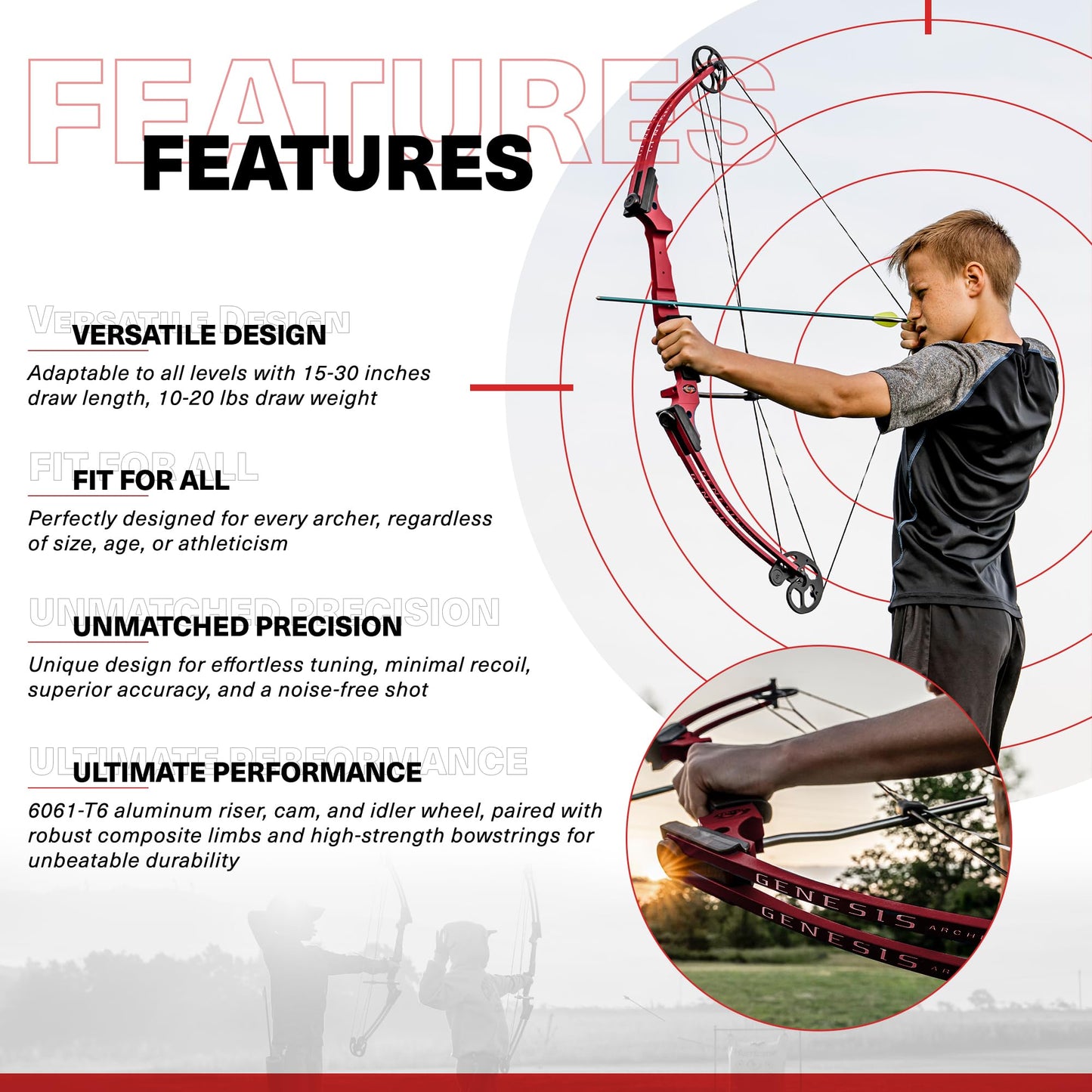 Genesis Original Compound Bow & Arrow Kit- Adjustable Riser, 15"-30" Draw Length, 10-20 lb Draw Weight, All Skill Levels, Draw Hand - Right, Red