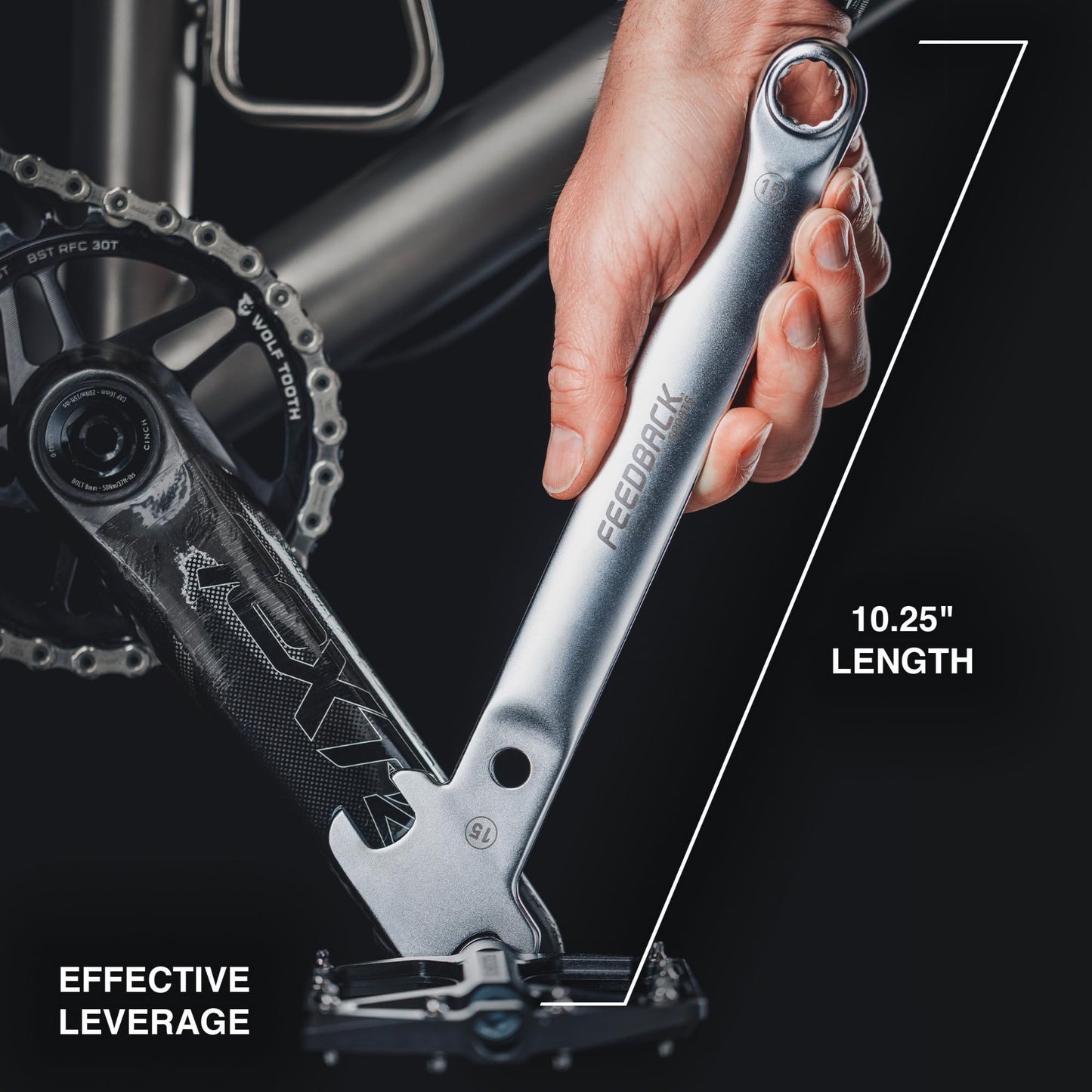 Feedback Sports | Bicycle Pedal Wrench Combo | 2-in-1 Pedal & Axle Nut Tool | 15mm Angle Head, Closed Axle Nut Wrench | For Bike Maintenance & Repair