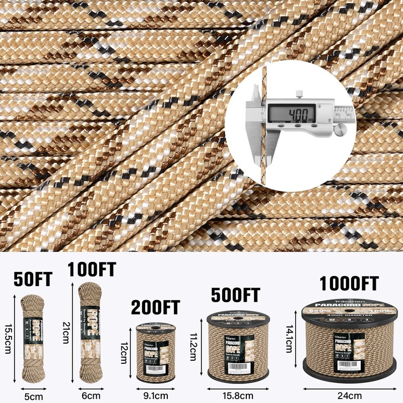 Paracord Rope 550 lb - 50ft 5/32" Parachute Cord 4MM 7-Strand para Cord - Heavy Duty Spool String for Survival,Camping Gear, Survival Bracelet, Clothesline - Desert Camo