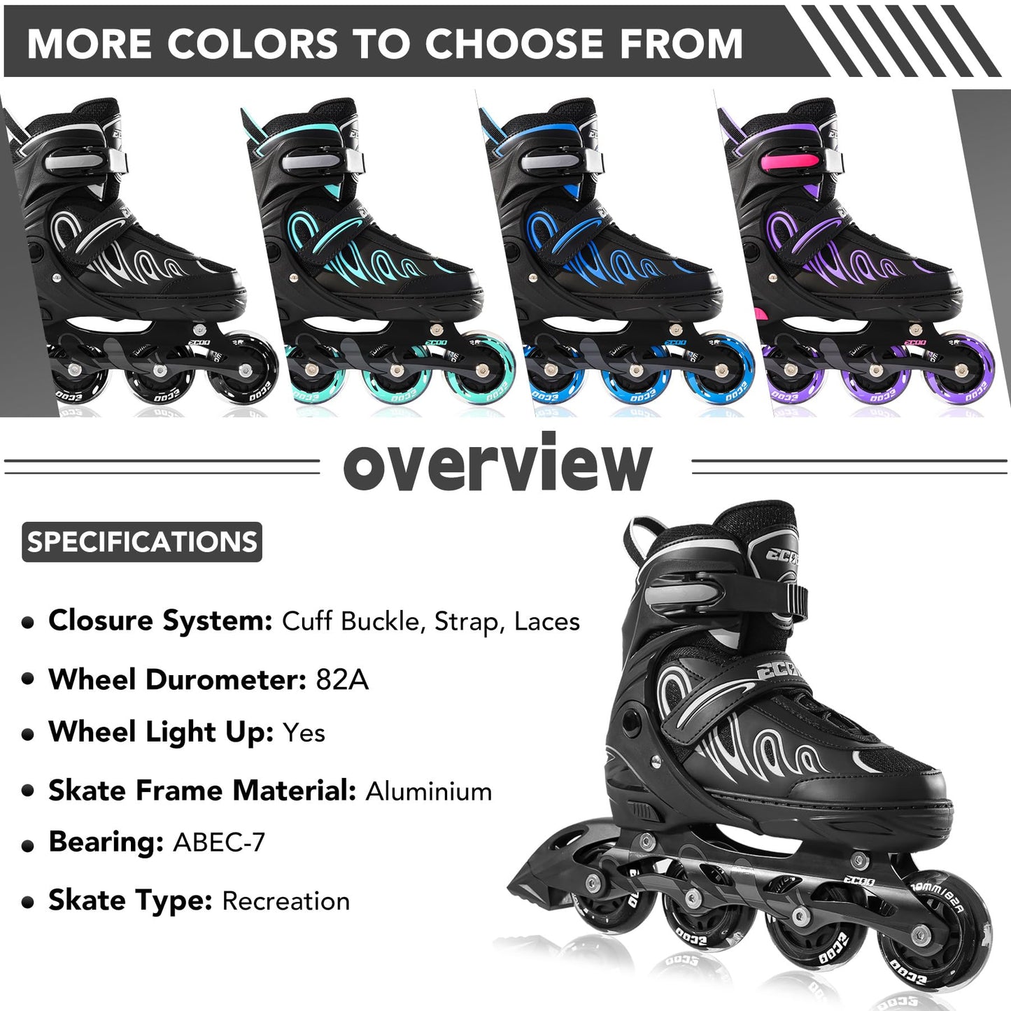 ECOO Inline Skates for Girls and Boys Ages 5-8 8-12 Light up Wheels, Adjustable Size Roller Skates Blades Kids Adult Women Outdoor