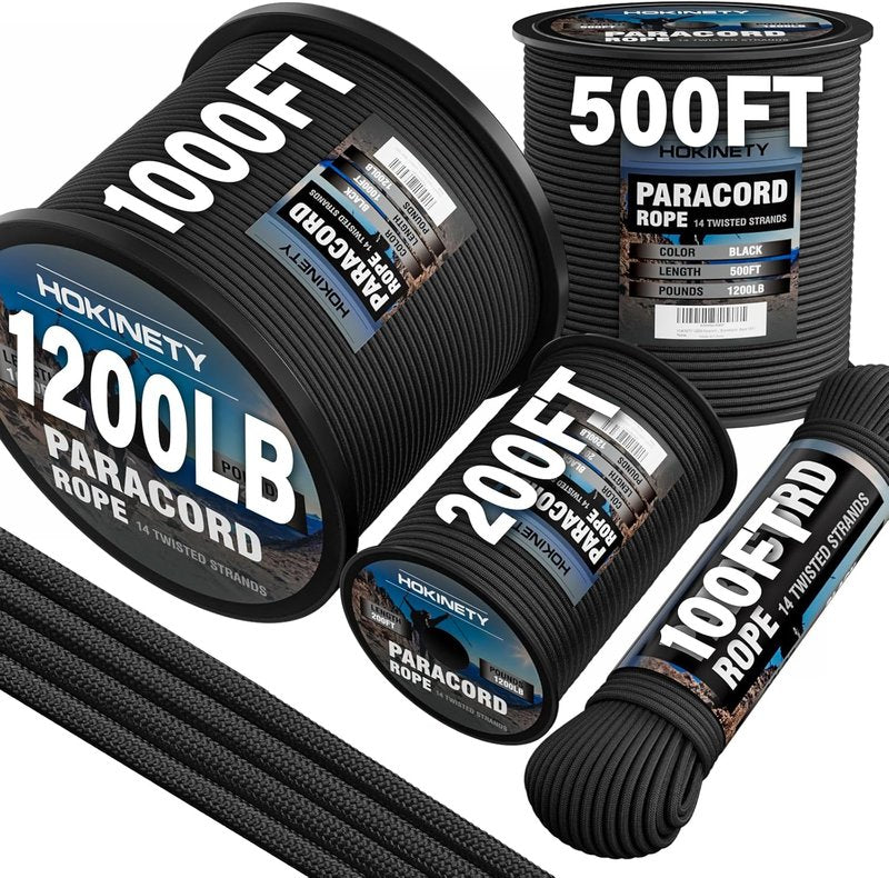 1200 Paracord Rope - 4.4mm 14 Strand Nylon Utility Cord for Camping, DIY Projects & Fishing | Black 200FT