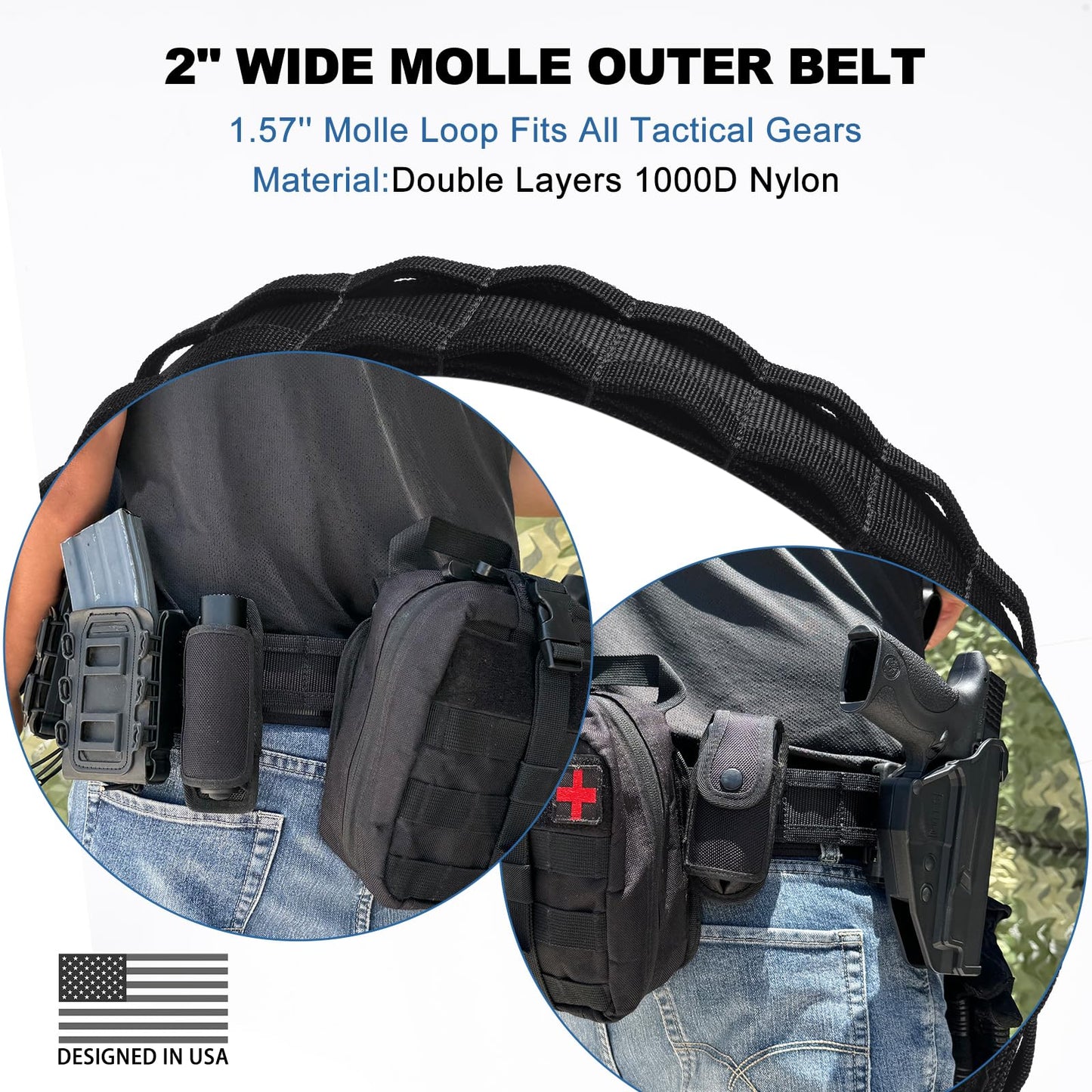 WarBull Tactical Battle Molle Belt, 2'' Quick Release Gun Belt w/Secure Locking & 1.57'' EDC Inner Belts, Heavy Duty Combat Outer Duty Belt for Law Enforcement, Security, Shooter -Black M