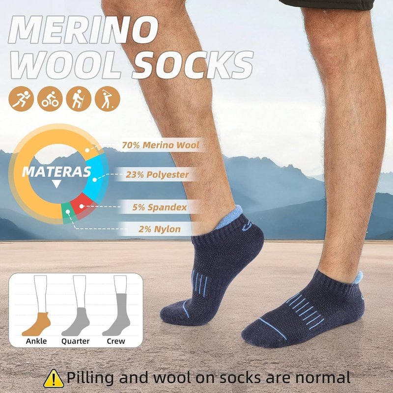 Merino Wool Ankle Hiking Running Socks - Breathable Compression Athletic No Show | 6 Pairs for Men & Women