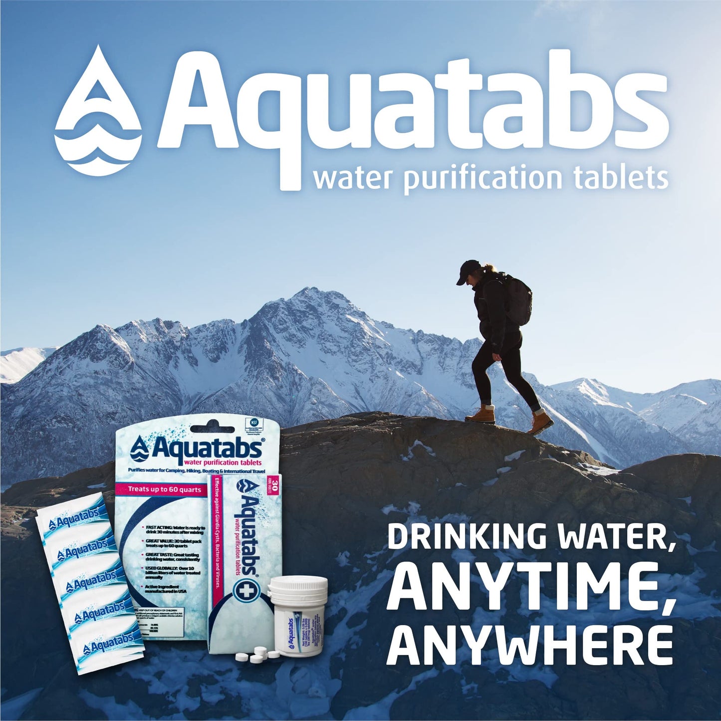 Aquatabs 49mg Water Purification Tablets (30 Pack). Water Filtration System for Hiking, Backpacking, Camping, Emergencies, Survival, and Home-Use. Easy to Use Water Treatment and Disinfection.