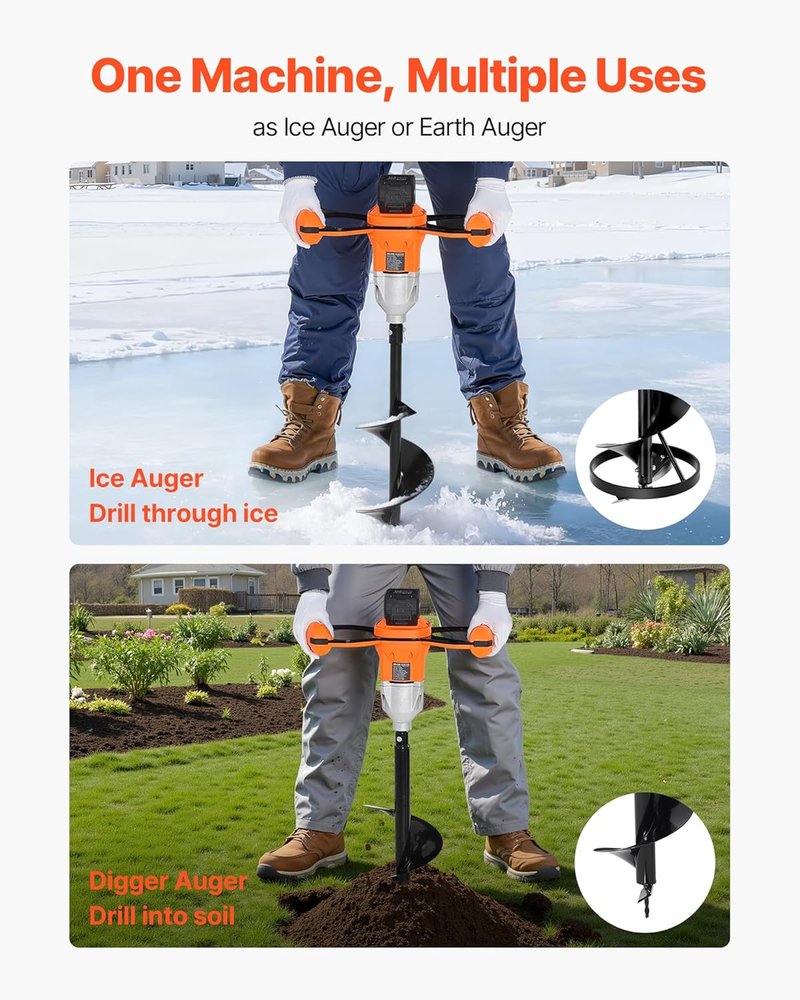 VEVOR Electric Ice Auger - 8 Inch Diameter, 20V/40V Battery Powered, Turbo Cutting System | 2-in-1 Ice Fishing & Earth Auger