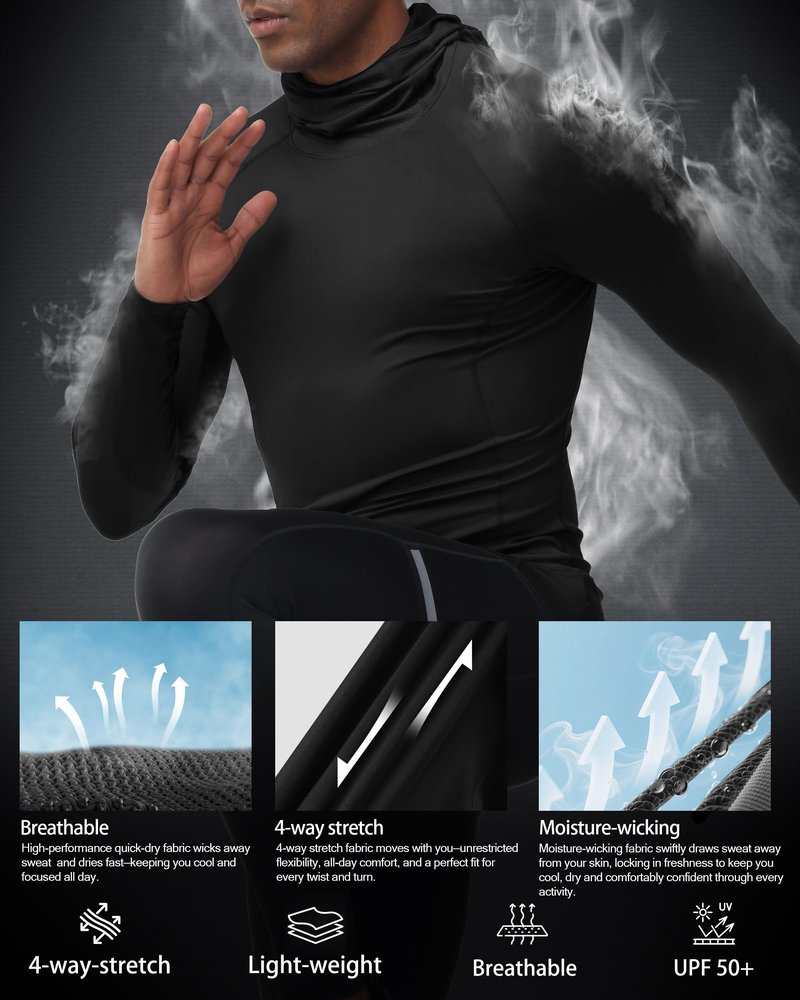 RIKUAOU Men's Compression Shirt Hoodie with Mask, Long Sleeve Athletic Base Layer Top, Cool Dry Workout Sports Undershirt Black