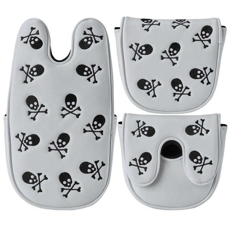 Gbourly Embroidery Skeleton Skull Golf Club Mallet Putter Head Cover Fits for DF3 Club Magnetic Closure Center Shafted PU Leather Headcover (White)
