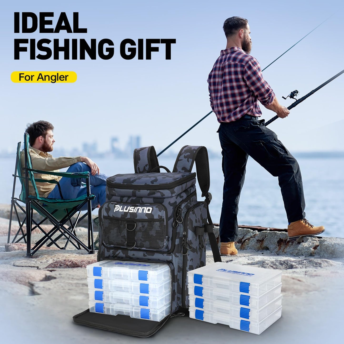 PLUSINNO Fishing Tackle Backpack with Rod Holders，42L Water-resistant Fishing Bag Store Fishing Gear, Fisher Gifts For Men.
