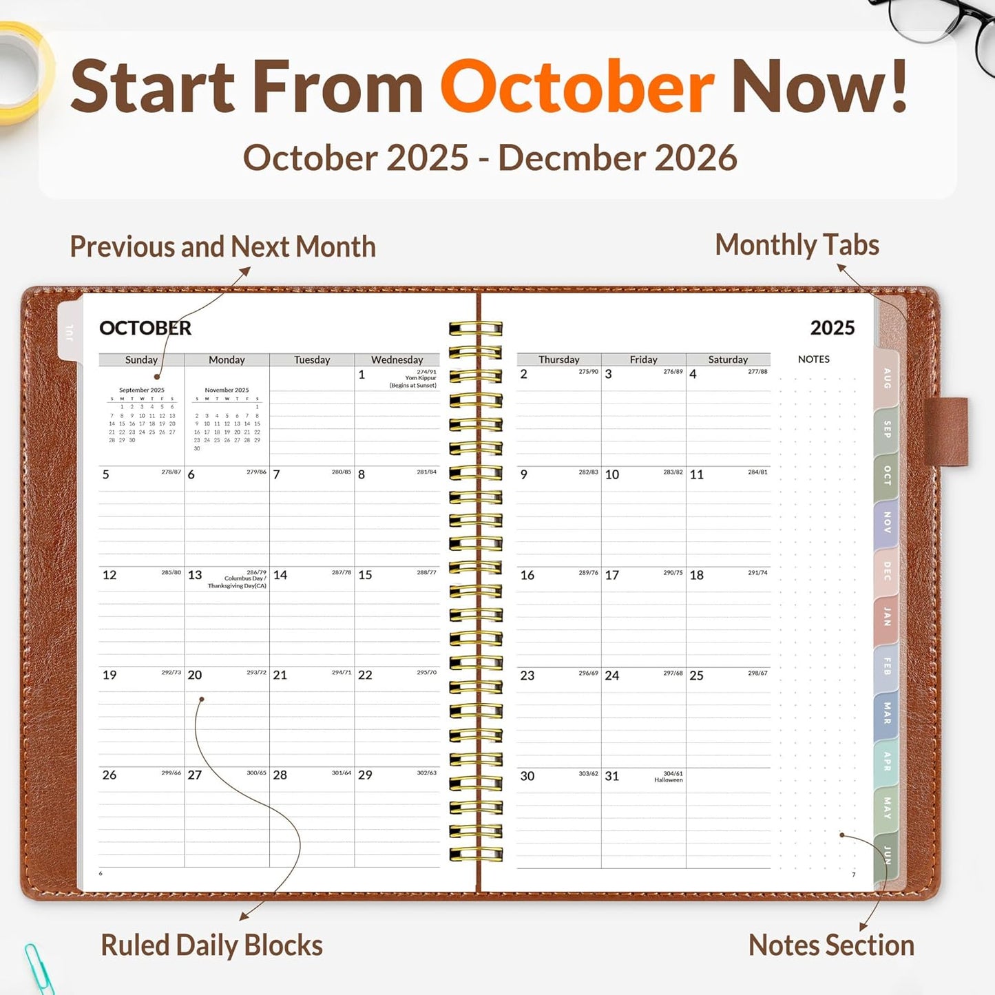 Weekly & Monthly Planner 2026 - Vegan Leather Cover, Pocket, Bookmark | 6.4"x8.5", Brown