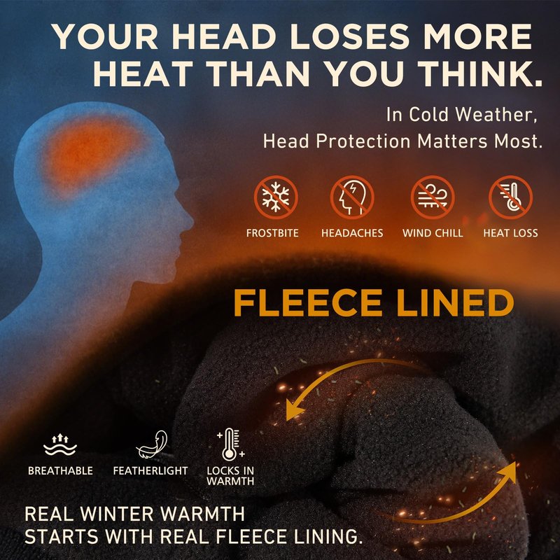 TOP-EX Waterproof Wool Fleece Lined Beanie for Men Women Winter Cold Weather Warm Thermal Knit Hats Gifts Dad Christmas Big Heads Black Medium Large M L