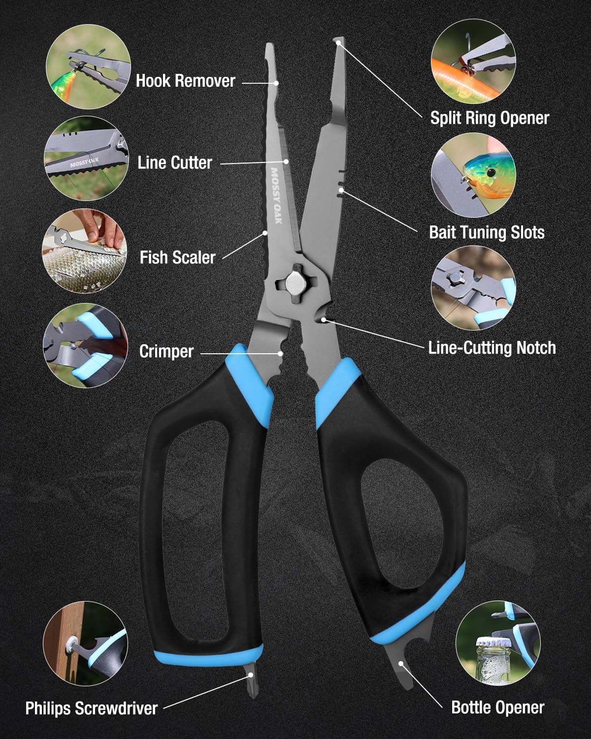 Mossy Oak Fishing Shears - 9.4" Multifunctional Scissors for Braid, Mono & Fluorocarbon Line | Includes Scaler, Hook Remover & Sheath