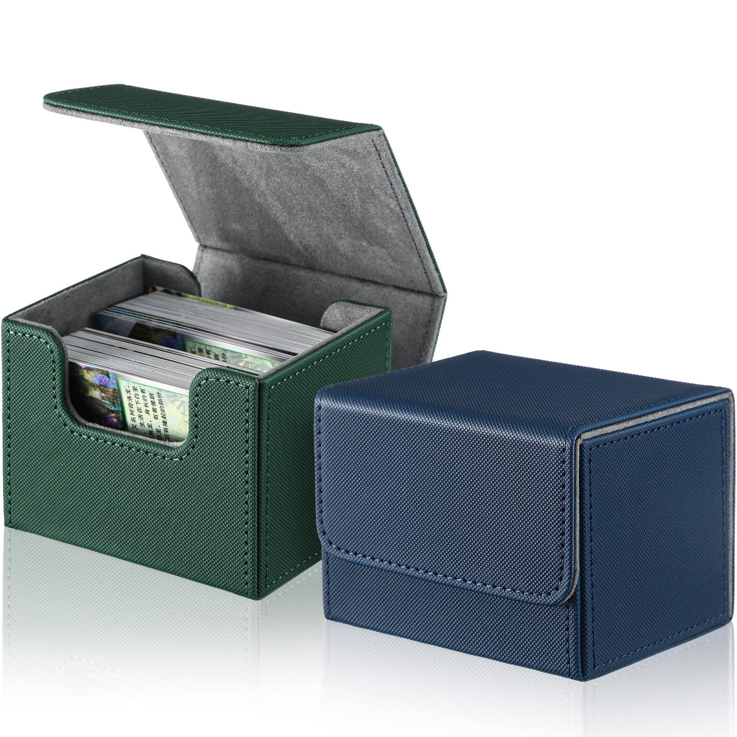 Weewooday 2 Boxes Leather Deck Card Boxes Large Size Fit 100 Plus Sleeved Cards Deck Game for Collectible Playing Compatible with Mtg Tcg(Horizontal,Green, Blue)