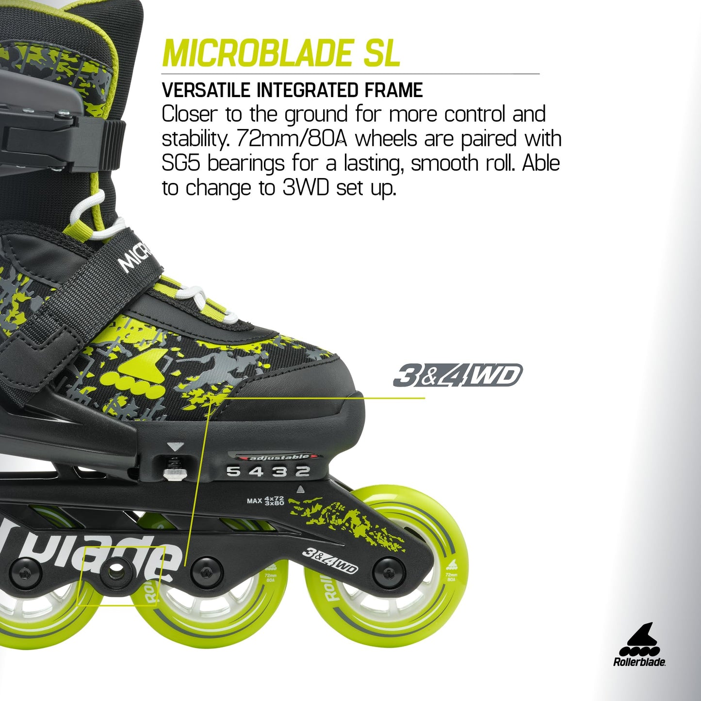 Rollerblade Microblade SL Kids Adjustable Fitness Inline Skate, Black/Lime,Junior, Youth Performance Inline Skates
