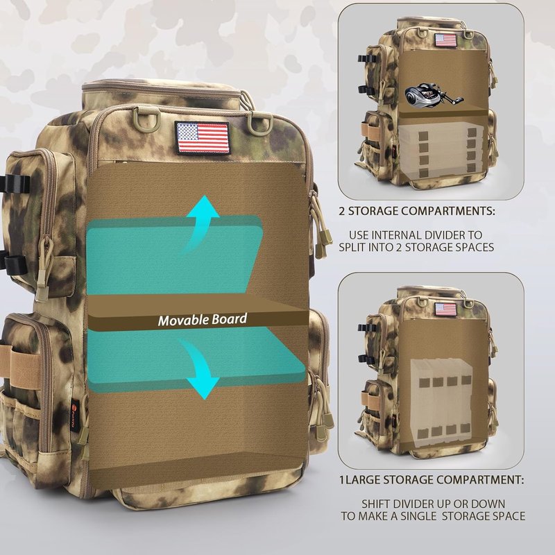 Fishing Tackle Backpack - Waterproof 45L Gear Bag with Rod Holders | Large Sahara Khaki Camo