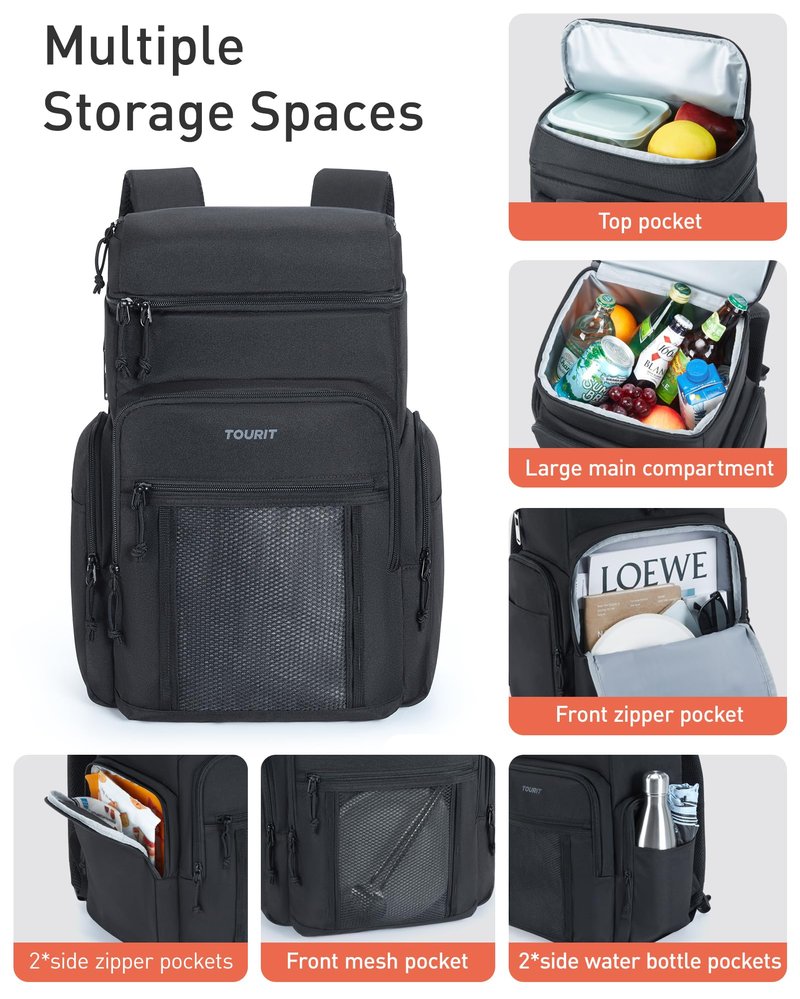 TOURIT Waterproof Cooler Backpack: 30 Cans Insulated Leakproof Portable Cooler Bag Beach Travel Camping Picnic Hiking Black