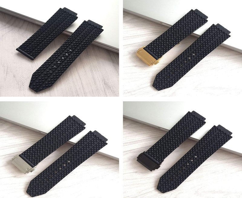 KAMIU 25mm Rubber Watch Strap with Replacement Band Tool Big Bang (Black Particle - Golden Buckle)