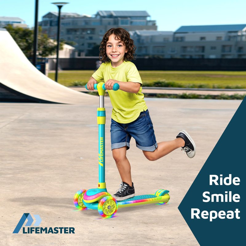 Lifemaster 3-Wheel Kids Scooter with Multi-Color Lights on Deck & Wheels – 5-Height Handlebar, Wide Anti-Slip Deck, Child Safety Certified, Boys & Girls Ages 3+ Supports Up to 150 lbs, Aqua Yellow
