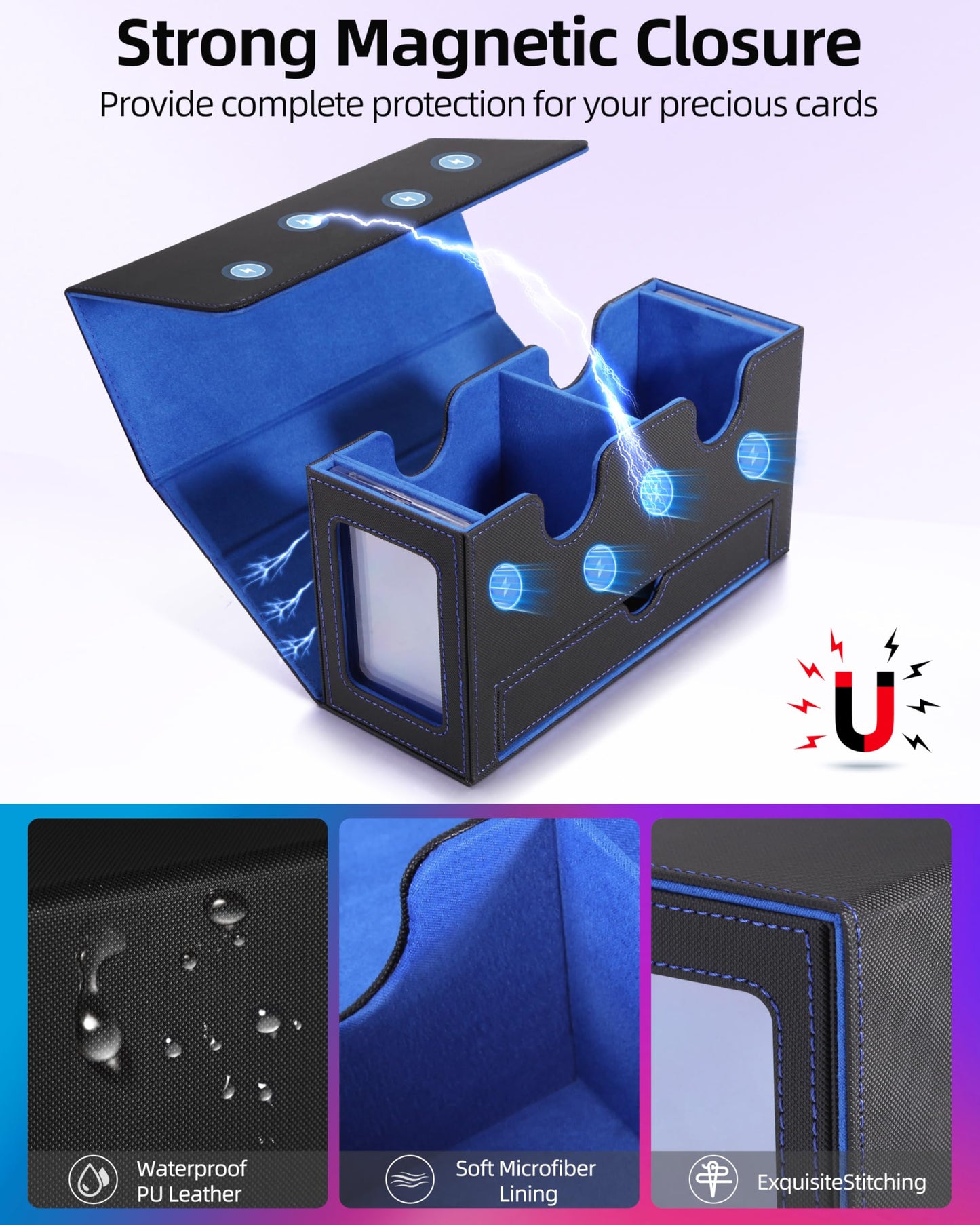 MTG Deck Box, MTG Commander Card Deck Box with Commander Display, Fits 250+ Single Sleeved, Double Card Storage Box with Dice Tray, Magnetic Card Storage Case for CCG TCG Sports Cards, Black Blue