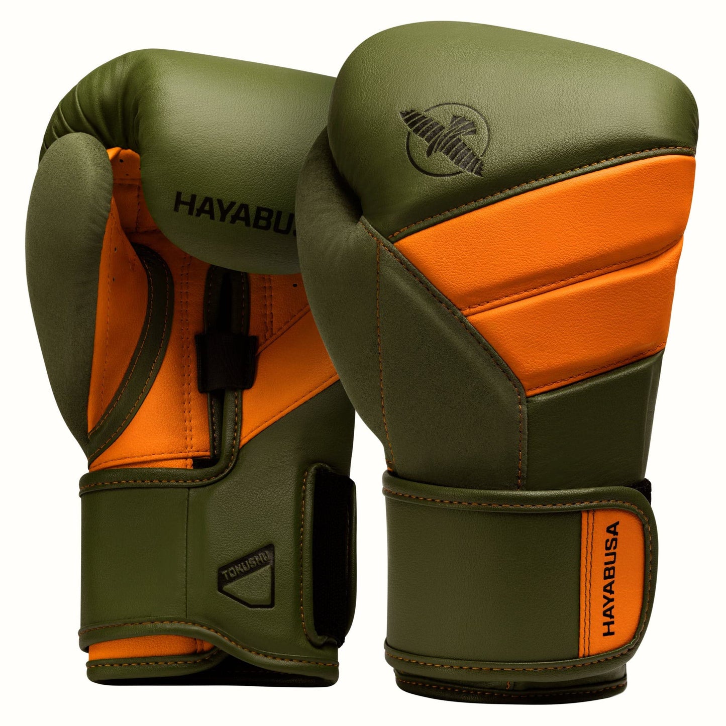 Hayabusa T3 Boxing Gloves for Men and Women Wrist and Knuckle Protection, Dual-X Hook and Loop Closure, Splinted Wrist Support, 5 Layer Foam Knuckle Padding - Green/Orange, 14oz
