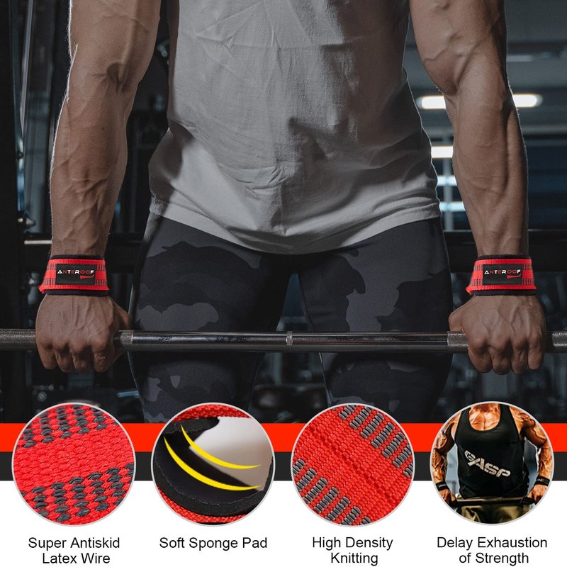 Knee Wraps + Wrist Wraps + Weight Lifting Straps Bundle (3 Pairs) for Weightlifting Bodybuilding Strength Training Workout Gym, Fitness Protective Set for Men & Women(Red)