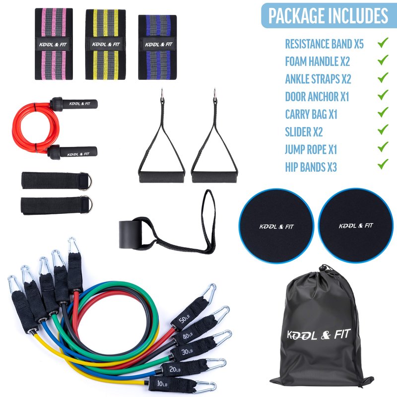 Kool&FIT 17 Pieces Resistance Bands Set Stackable up to150 lb|Hip Bands|Sliders|Jump Rope|Booty Bands|Exercise Bands|Physical Therapy Bands| Pull Up Bands|Weight Lifting Yoga Pilates|Rehab Bands|