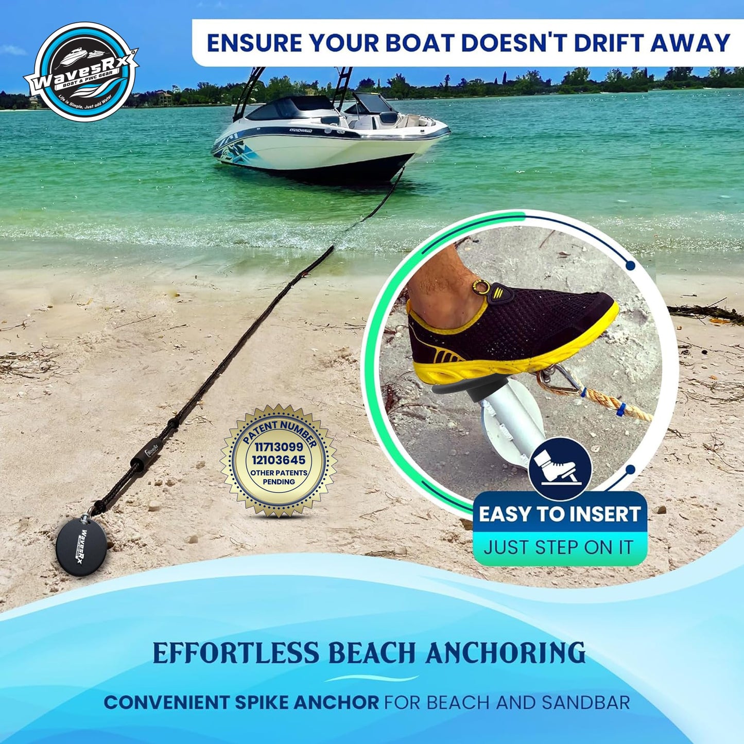 WAVESRX Patented Aluminum Spike Beach Anchor | Ultra-Light PWC, Jet Ski & Sand Anchor for Boat, Pontoon & Kayak Secure Anchoring Near Shore, Sand-bar or in Shallow Water with Intelligent Design