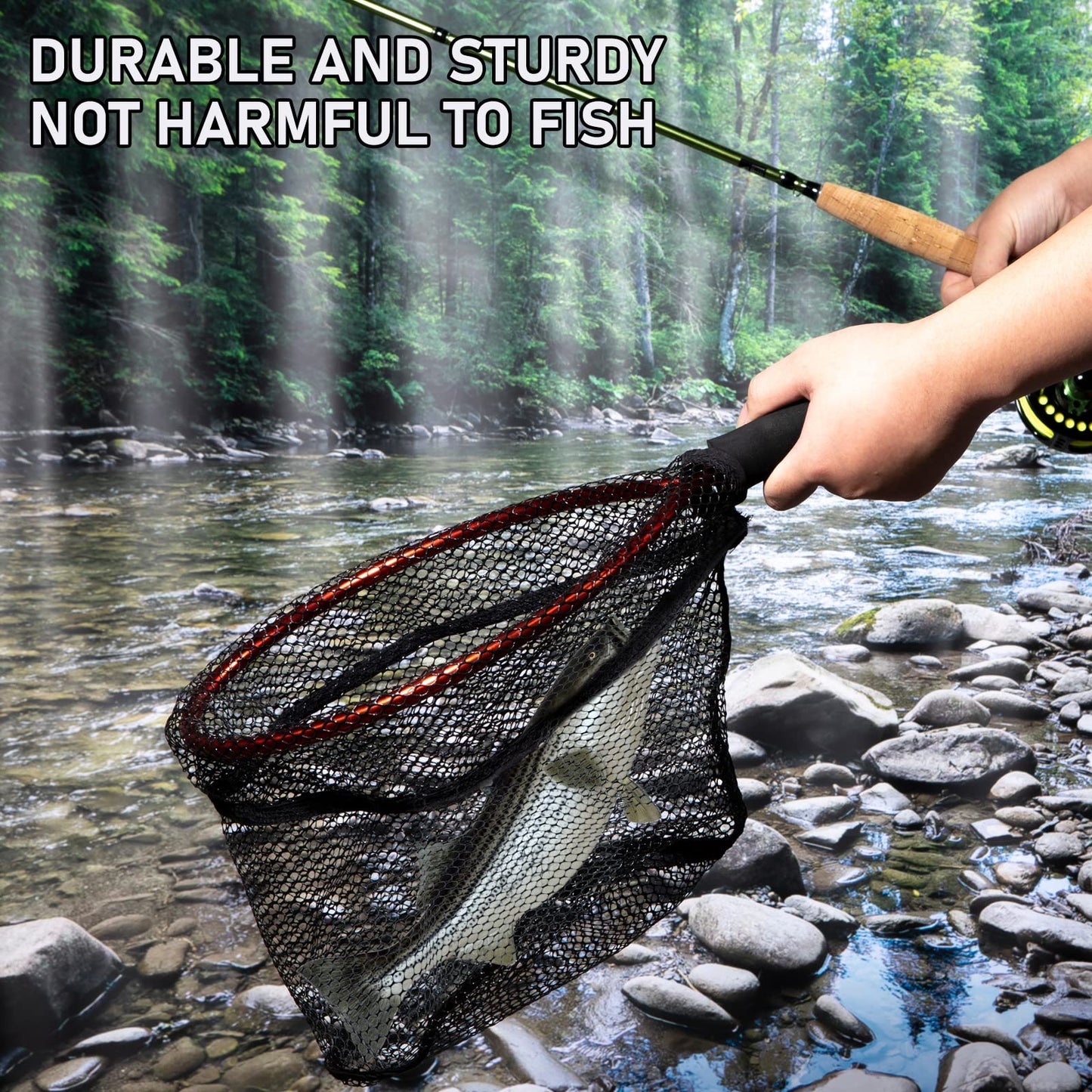 Alwonder Fly Fishing Net with EVA Handle, Fishing Landing Nets CNC Aluminum Alloy Frame, Rubber Coated Mesh Trout Net Kayak Nets for Trout Crappie Bass Sunfish Bulegill Panfish - Red