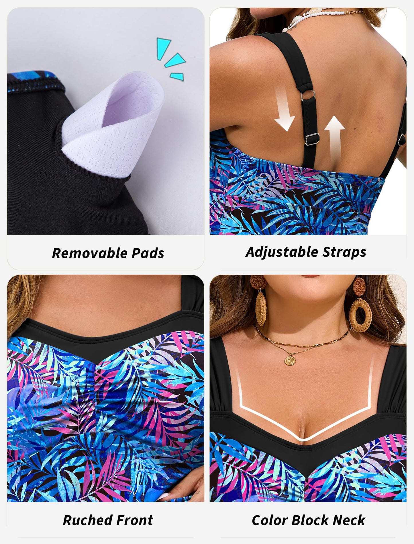 HUSKARY Swim Suits for Women 2026 2 Piece Full Coverage Conservative Tropical Tankini Swimsuits for Women with Shorts Blue Leaf Large